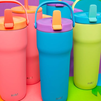 Vaso de viaje Zak Designs Sutton para llevar, acero inoxidable de 30 oz con aislamiento al vacío, boquilla de pajita, asa de transporte para bebidas frías (turquesa)