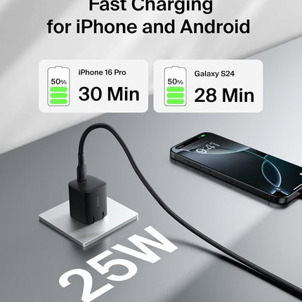 Belkin USB C Charger Block 25W (2 Pack) USB C Cable Included - PD3.0 PPS Fast Charging for Samsung Galaxy S25, S24, Apple iPhone 17, Air, Pro, Pro Max, Google Pixel 10, Nintendo Switch, etc - Black
