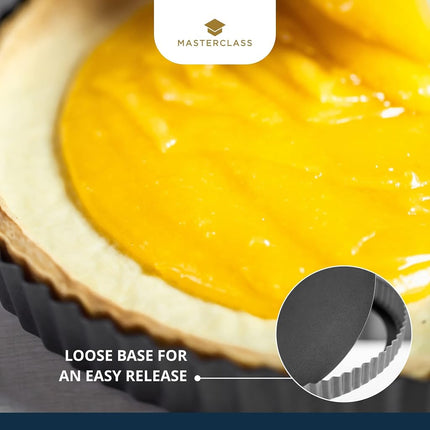 MasterClass Non-Stick Loose Tart and Quiche Tin with PTFE, PFOA and BPA Free Non Stick, Robust 1mm Thick Carbon Steel Fluted Carbon Steel, Round 25cm (10"), Grey