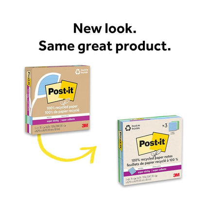 Post-it 100% Recycled Paper Super Sticky Notes, 2X The Sticking Power, 4x4 in, 3 Pads, 70 Sheets/Pad, Oasis Collection (675R-3SST)