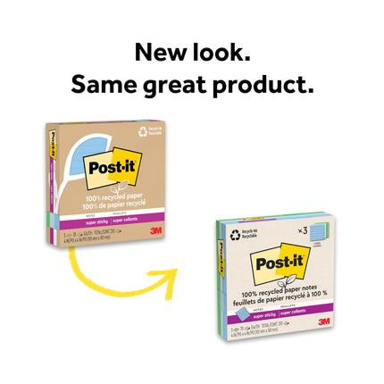 Post-it Notas Super Adhesivas de Papel 100% Reciclado, 2 veces más poder de adherencia, 101,6x101,6 mm, 3 Blocs, 70 hojas/bloc, Colección Oasis (675R-3SST)