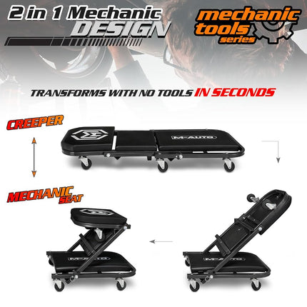 M-AUTO 40-Inch Folding Creeper Rolling Seat, All-in-One Adjustable Roller Garage Chair, Lay Down or Sit, 330LBS Capacity Under Car Roller Creeper with 6 Swivel Casters, Black