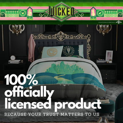 Franco Collectibles Wicked Elphaba and Glinda Bedding 5 Piece Super Soft Reversible Comforter and Sheet Set, Queen, (Officially Licensed Product)