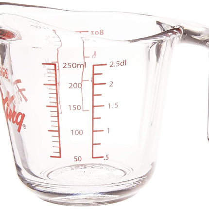 Anchor Hocking Glass Measuring Jug with Handle, Small, Clear, 1-Cup Capacity – Easy-to-Read Red Measuring Guide in Cups, Millilitres, & Ounces | Tough Tempered Glass | 5.25x3.5x3.75 inches