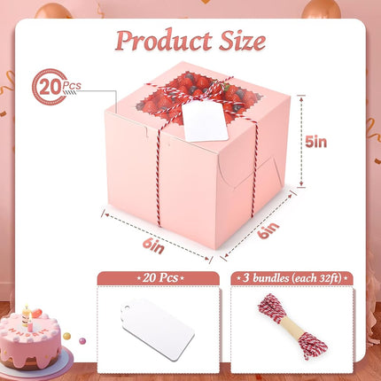 DOYIDE 20Pcs Mini Cake Boxes with Window, 15.5x15.5x13cm Pink Bakery Box, Small 4 Cupcake Boxes, Cake Packaging for Pastries, Cookies, Chocolates, Cupcakes, Birthday Party, Wedding