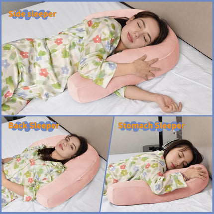 Nockovi 4" Hole Piercing Pillow for Side Sleepers (Pillow with Pink Velvet Pillowcase, J-Shape)