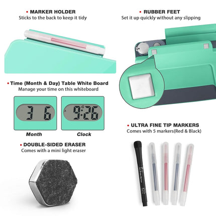 Small Glass Desktop Whiteboard with Clock, Mini Pure Glass Dry-Erase, Mint