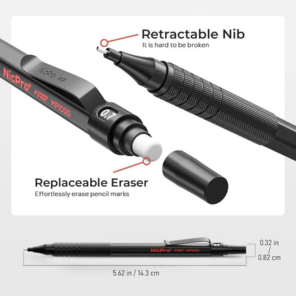 Nicpro 30PCS Black Metal Mechanical Pencil Set in Leather Case, Art Drafting Pencil 0.5, 0.7, 0.9 mm, 2mm Lead Pencil Holders for Sketching Drawing With 16 Tube (6B 4B 2B HB 2H 4H Colors)Lead Refills
