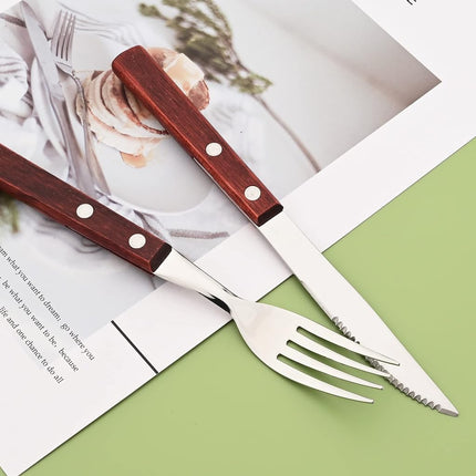 Uniturcky Wooden Handle Flatware Set, Knives Forks Spoons Set for 6, 24-Piece 304 Stainless Steel Kitchen Utensils Set, Silverware Set with Wood Handles, Red Wood with Rivet & Retro Style Cutlery