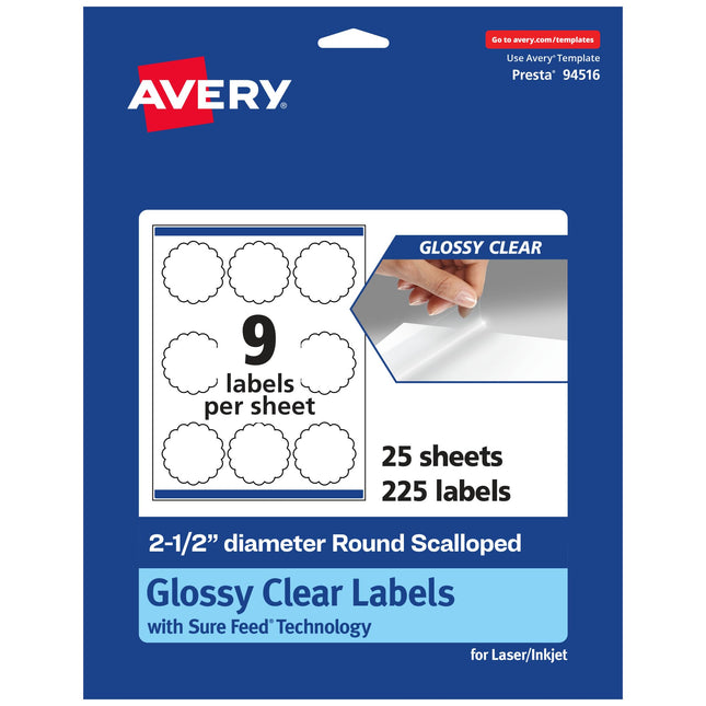 Avery Glossy Clear Round Scalloped Labels with Sur