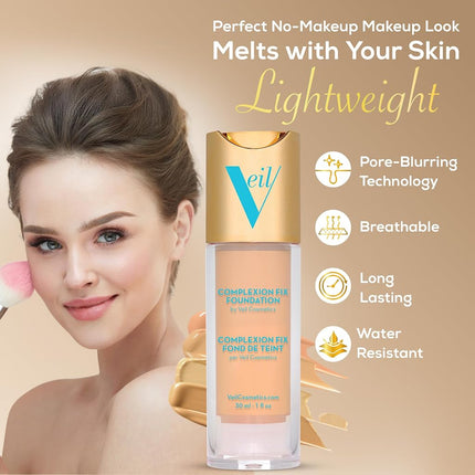 Veil Cosmetics Complexion Fix Liquid Foundation – Buildable Coverage – Water-Resistant, Hypoallergenic, Oil-Free, Cruelty-Free & Vegan – Lightweight & Brightening – All Skin Types (5N Deep Neutral)