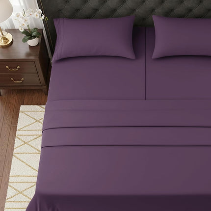 Elegant Comfort Luxurious 1500 Premium Hotel Quality Microfiber Three Line Embroidered Softest 5-Piece Bed Sheet Set, Wrinkle and Fade Resistant, Split King, Purple
