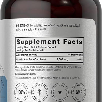 Beta Carotene 25000 iu Softgels | 7,500 mcg | 400 Count | Non-GMO and Gluten Free Formula | Vitamin A as Beta-Carotene Supplement | Value Size | by Horbaach