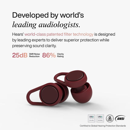 Hears Plus High-Fidelity Ear Plugs – Enhanced Noise Reduction for Loud Events, Focus, Travel & Noise Sensitivity – Certified 25dB SNR Hearing Protection – Reusable, Hypoallergenic Tips + Carry Case