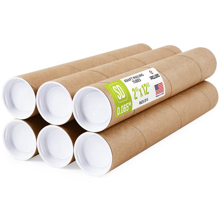 2" x 12" Reinforced Kraft Paper Mailing Tubes, Pack of 6 Tubes with 2 Caps Each – USPS Approved Poster Tube – Made in USA Cardboard Tube for Shipping and Storing Posters, Prints, Artwork, or Documents