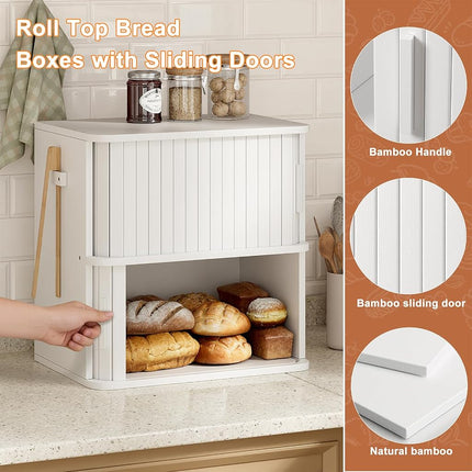 WOWLIVE 2-Tier Bread Box for Kitchen Countertop, Double Layer Roll Top Bread Boxes with Sliding Doors, Extra Large Bread Storage Cabinet for Loaves & Pastries, Bamboo Counter Organizer, White