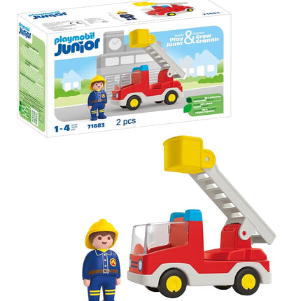 PLAYMOBIL 71683 JUNIOR: Ladder Unit Fire Truck, with extendable ladder and firefighter, sustainable toy made from plant-based plastics, gifting toy, play sets suitable for children ages 1+