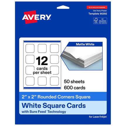 Avery Printable Square Cards with Rounded Corners, Sure Feed Technology, 2" x 2", Matte White Cardstock, Print-To-The-Edge, Laser/Inkjet Printable, 600 Total, Great for Business and Thank You Messages