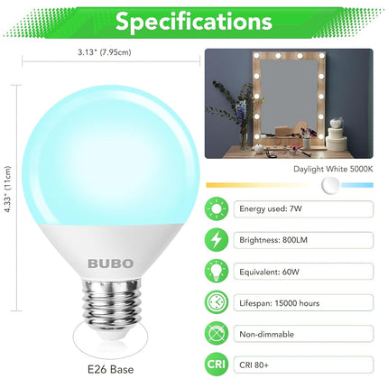BUBO Vanity Light Bulbs 60 Watt Equivalent, Bathroom Light Bulb Daylight White 5000K, Round Globe Bulbs, G25 LED Bulbs 800 Lumens, E26 Medium Base, 7W, Non-Dimmable, 12 Pack
