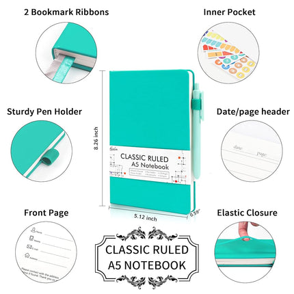 feela 5 Pack Notebooks Journals Bulk, Hardcover Notebook Classic Ruled Lined Journals with Pen Holder for Women Girls School Business Supplies, with 5 Black Pens, 120 GSM, 5.1”x8.3”, A5, Aqua