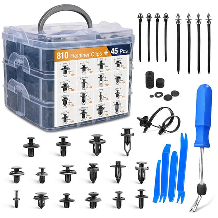 GOOACC 855Pcs Car Push Retainer Clips & Auto Fasteners Assortment -16 Most Popular Sizes Nylon Bumper Fender Rivets with Cable Ties and Fasteners Remover Fits for Toyota GM Ford Honda Acura Chrysler