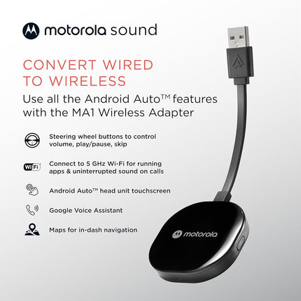 Motorola Ma1 Wireless Android Auto Car Adapter – Easy Setup, Instant Connection, USB Plug-in with Secure Gel Pad