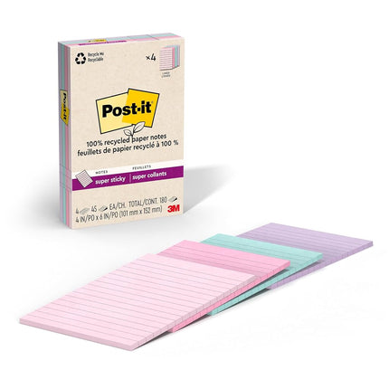 Post-it 100% Recycled Paper Super Sticky Notes, 2X The Sticking Power, 4x6 in, Lined, 4 Pads/Pack, 45 Sheets/Pad, Wanderlust Pastels Collection (4621R-4SSNRP)