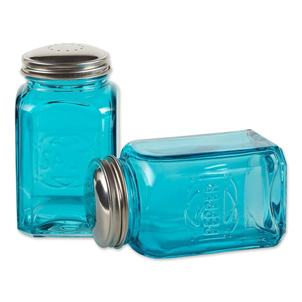 RSVP International Jumbo Retro Glass Salt & Pepper, Screw On Stainless Steel Lid, Each Shaker Holds 8 Ounces, 2.25x2.25x4.8, Turquoise