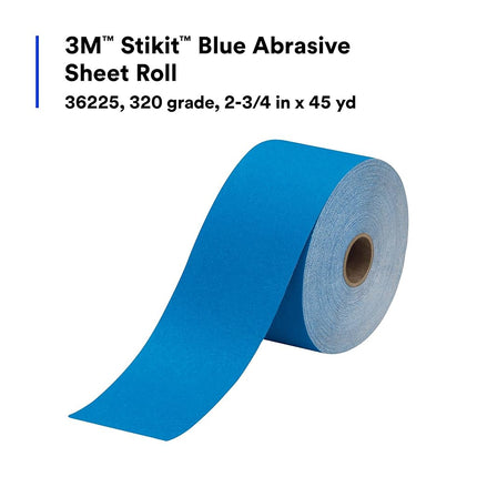 3M Stikit Blue Abrasive Sheet Roll, 36225, No Hole, 2-3/4 in x 45 yd, 320+ Grade, Automotive Sanding Roll Sandpaper for Coating Removal, Body Repair, Auto Sanding