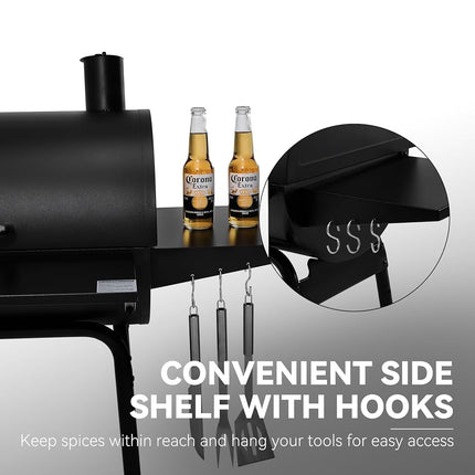 Royal Gourmet BBQ Charcoal Grill and Offset Smoker, 30'' L, 800 Square Inch, Outdoor for Camping, Black
