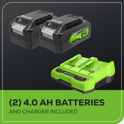 Greenworks 48V (24V x 2) Cortacésped sin escobillas de 17"+Cortabordes de 12"+Soplador de 320CFM, (2) Baterías de 4.0Ah y Cargador de doble puerto de 2A
