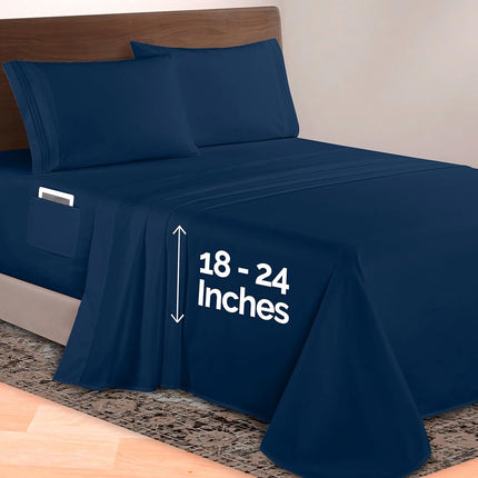 Elegant Comfort Luxurious 1500 Premium Hotel Quality Microfiber 4-Piece Sheet Set, 18-24 Inches Deep - Extra Deep Pocket Sheets - Ultra Soft 4PC Deep Pocket Sheets, King, Navy Blue