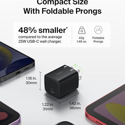 Belkin USB C Charger Block 25W (2 Pack) USB C Cable Included - PD3.0 PPS Fast Charging for Samsung Galaxy S25, S24, Apple iPhone 17, Air, Pro, Pro Max, Google Pixel 10, Nintendo Switch, etc - Black