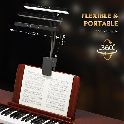 Professional Music Stand with 47 LEDs, Rechargeable Eye-Care Piano Clip On 4 Colours and 3 Brightness USB C Up to 110 Hours Running Time Portable Lamp for Musicians Large