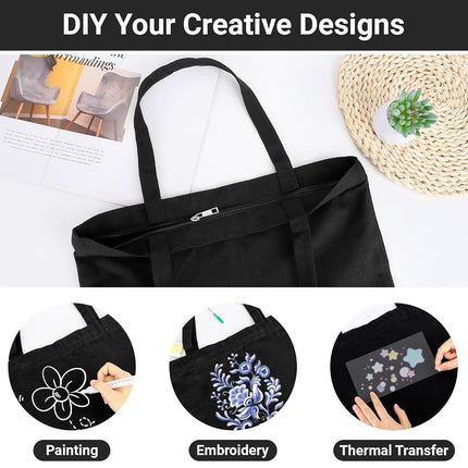 Segarty Black Canvas Tote, 6 Packs 16x15 inch Canvas Bags with Zipper, 12Oz Heavy Duty Canvas Reusable Grocery Shopping Bags, Plain Bag for Women Crafts Painting Embroidery, Gift Bags Bulk