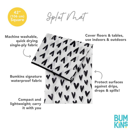 Bumkins Baby Splat Mat for Under High Chair, Babies Toddlers Eating Mess Mat, Waterproof Reusable Cloth for Arts and Crafts, Playtime Mat for Kids, Floors or Tables, Fabric 42inx42in, Black Hearts