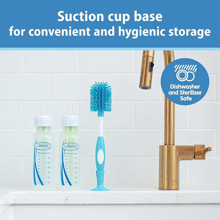 Dr. Brown's Soft Touch Bottle Brush with Nipple Cleaner (Blue) - BPA Free, Dishwasher Safe, Suction Cup Base