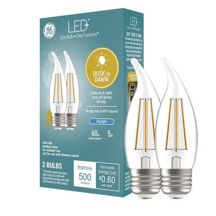 GE LED+ CA11 Dusk to Dawn LED Light Bulbs, Automatic On/Off Outdoor Security Lights, Daylight, E26 Medium Base, 2 Count (Pack of 1)