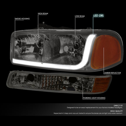 DNA Motoring Ahumado ámbar HL-LB-SIERRA99-SM-AM Faros LED DRL de 4 piezas + luces de parachoques [99-07 GMC Sierra/Yukon]