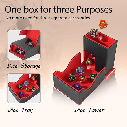 Stepane Dice Tower and Tray, Portable Commander Deck Box, Foldable Dice Storage Box for Dungeons and Dragons Rolling Tray Black/Red