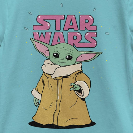 Camiseta sólida de cuello redondo para niña de Star Wars The Mandalorian The Child Stance Logo, azul Tahití, talla pequeña