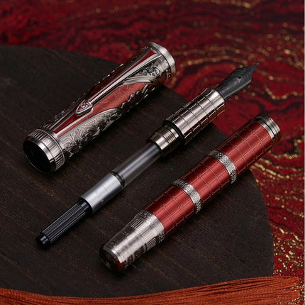 Hongdian D5X Fountain Pen Fine Nib Red Color Retro Chinese Totem Engraved Qin Dynasty Smooth Writing Pen with Converter and Pen Box Set