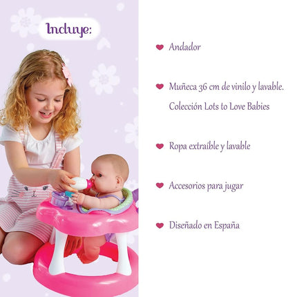 JC Toys - Lots to Love Babies 36cm Soft Vinyl Doll, Includes Walker and 6 Accessories Ideal for Playing, Pink, Designed by Berenguer, 2 Years