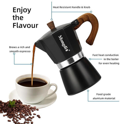 Mongdio Stovetop Espresso Maker Moka Pot, Cuban Coffee Maker Stove top coffee maker Moka Italian Espresso Greca Coffee Maker Brewer Percolator, 3 Espresso Cups, 5 oz - Black