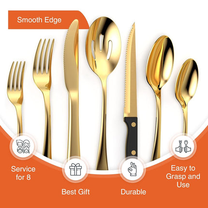 Tribal Cooking 49 Piece Gold Silverware Set - Service for 8 - Stainless Steel Gold Flatware Serving Set - Cutlery Set - Knives, Fork, and Spoon - Dishwasher Safe - Stunning Polished Finish