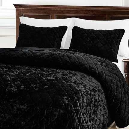 Chezmoi Collection Lux Black Velvet Quilt Oversized King Set, 3-Piece Plush Distressed Velvet Bedding All Season Lightweight Comforter Brushed Microfiber Reverse with Diamond Stitch Quilting