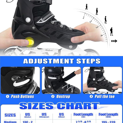 Black Inline Skates for Men Youth Boys, 4 Sizes Adjustable Blades Roller Skates with Ankle Support, Adjustable Strap, 84mm Wheels and Soft Boot Fit for Skating, Roller Derby, Street Hockey