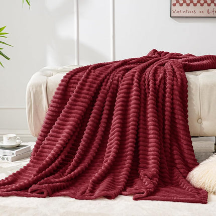 BEDELITE Ribbed Jacquard Burgundy Fleece Twin Blanket for Couch, 60x80 Inch