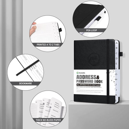 Blugool Small Address Book with Alphabetical Tabs, Hardcover Password Book, Address Organizer Keep Track of Phone Numbers, Special Days, Birthdays, Anniversaries and Notes(4.8″x 5.8″, Black)