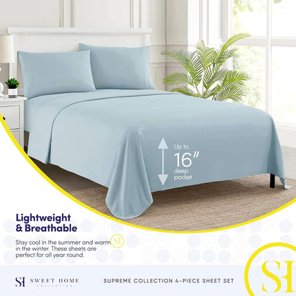Sweet Home Collection Luxury Bedding Set with Flat, Fitted Sheet, 2 Pillow Cases, Microfiber, Light Blue, Queen